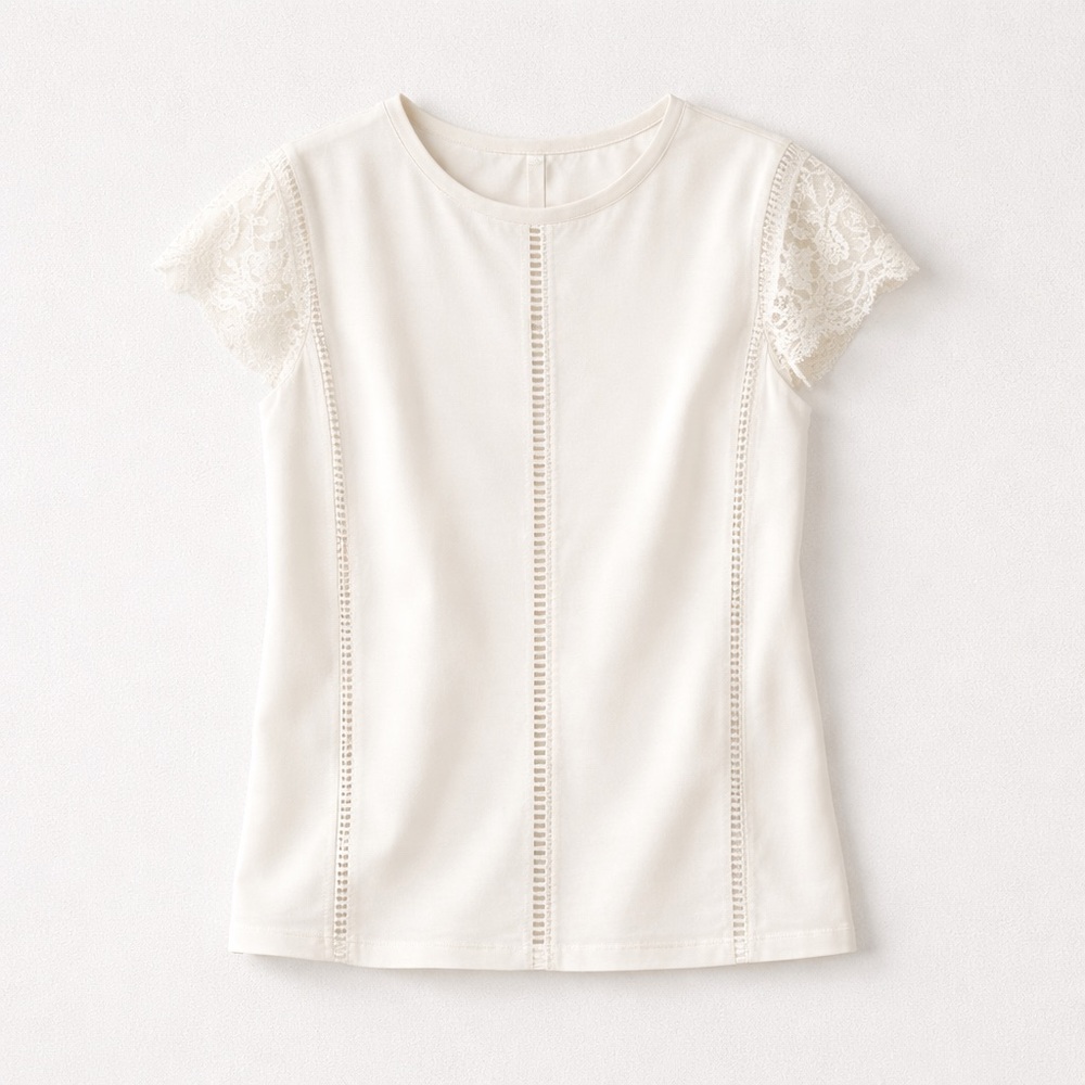 Sandro Lace Sleeve Crewneck Top in Cream T3/L - Picture 2 of 9